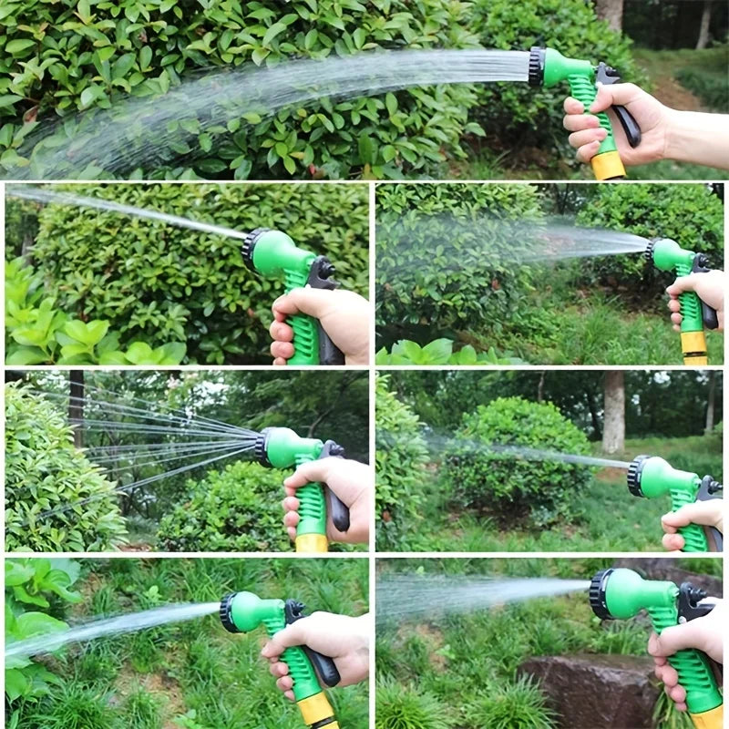 Grüner Gartenschlauch mit Sprühpistole – Erweiterbarer Wasserschlauch mit Messinganschlüssen für Bewässerung & Autowäsche