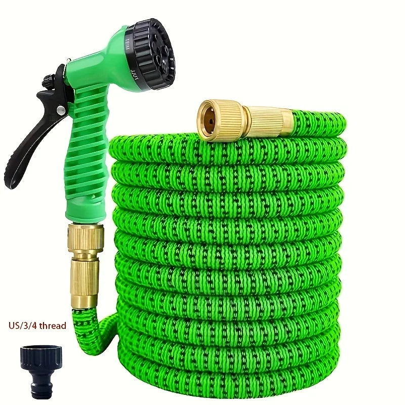 Grüner Gartenschlauch mit Sprühpistole – Erweiterbarer Wasserschlauch mit Messinganschlüssen für Bewässerung & Autowäsche