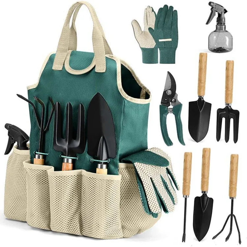Gartenwerkzeug Set 9-teilig – Garten Handwerkzeug mit Tasche, Handschuhen & Sprühflasche für Pflanzenpflege