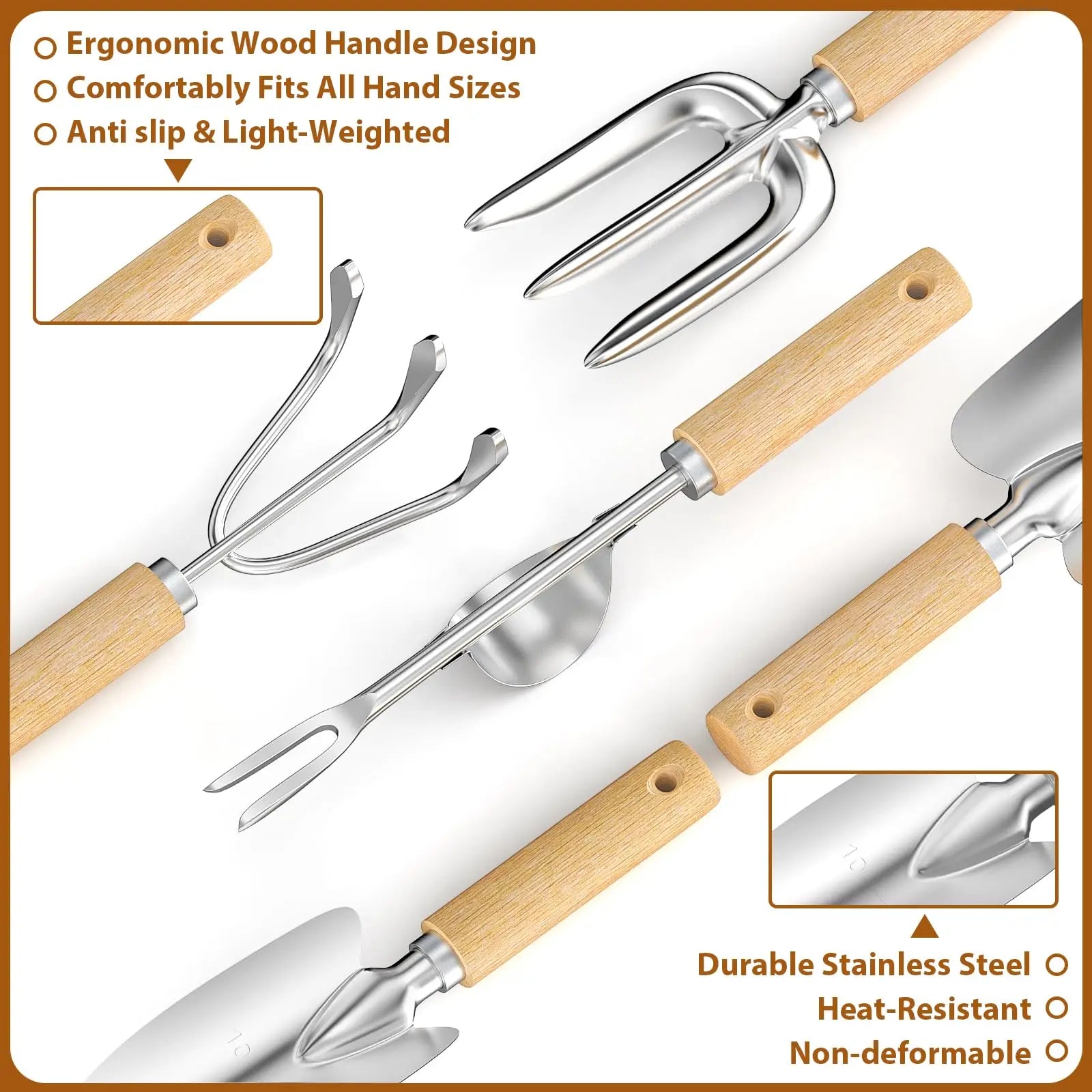 Gartenwerkzeug Set 9-teilig – Edelstahl Handwerkzeug mit Holzgriff, Tasche, Handschuhen & Sprühflasche für Gartenarbeit