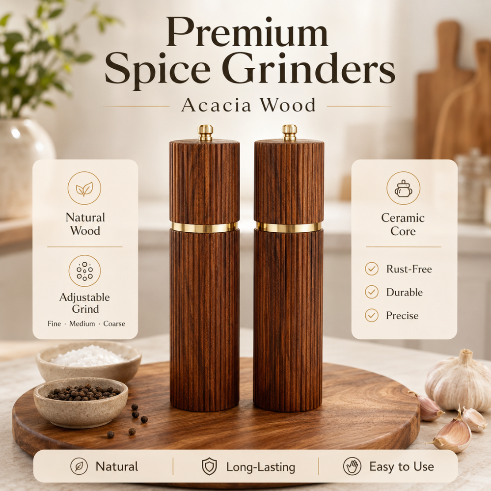 Salz- und Pfeffermühle Set aus Akazienholz – Gewürzmühlen mit Keramikmahlwerk & Einstellbarem Mahlgrad