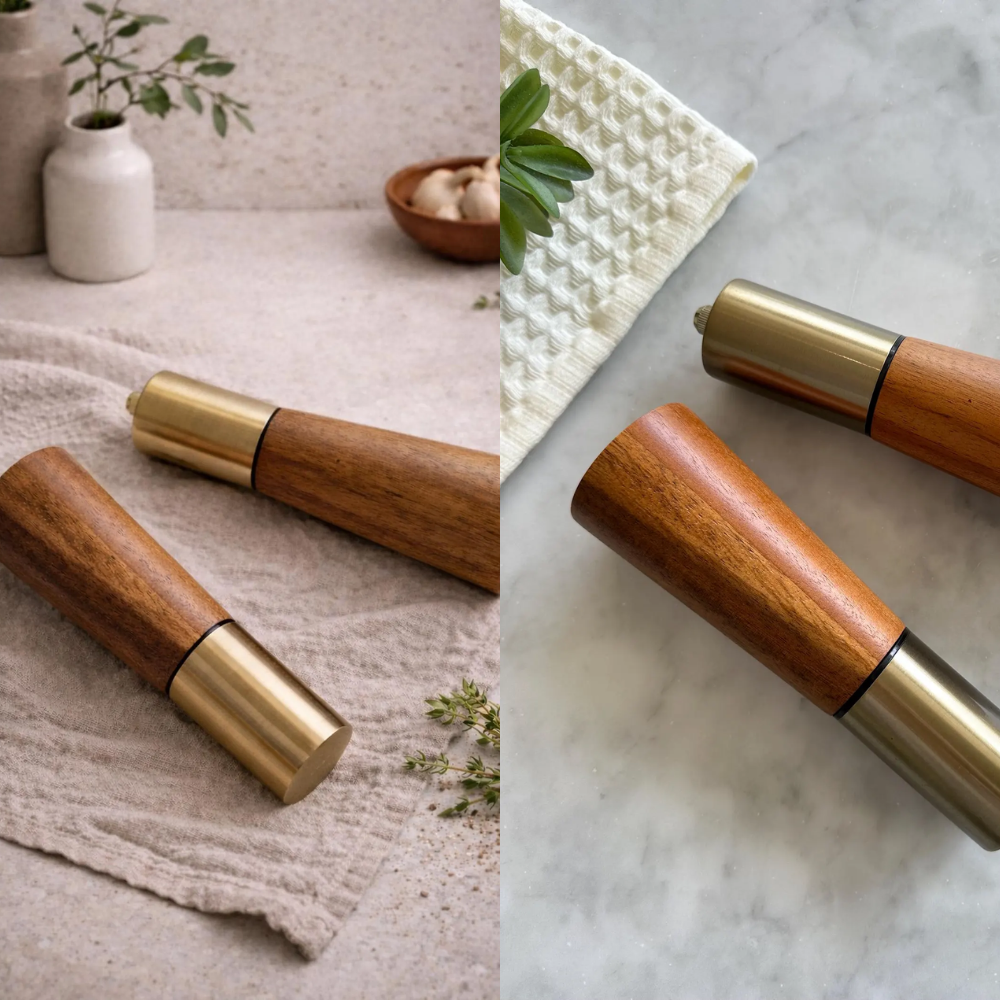 Salz- und Pfeffermühle Set aus Akazienholz – Handgefertigte Gewürzmühlen mit Messingdetails für Küche & Esstisch
