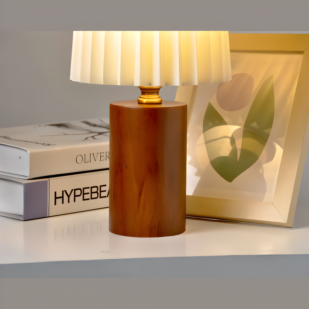 ScandiChic Holz Tischlampe - Nordic Plissierten Stoff Schreibtischlampe