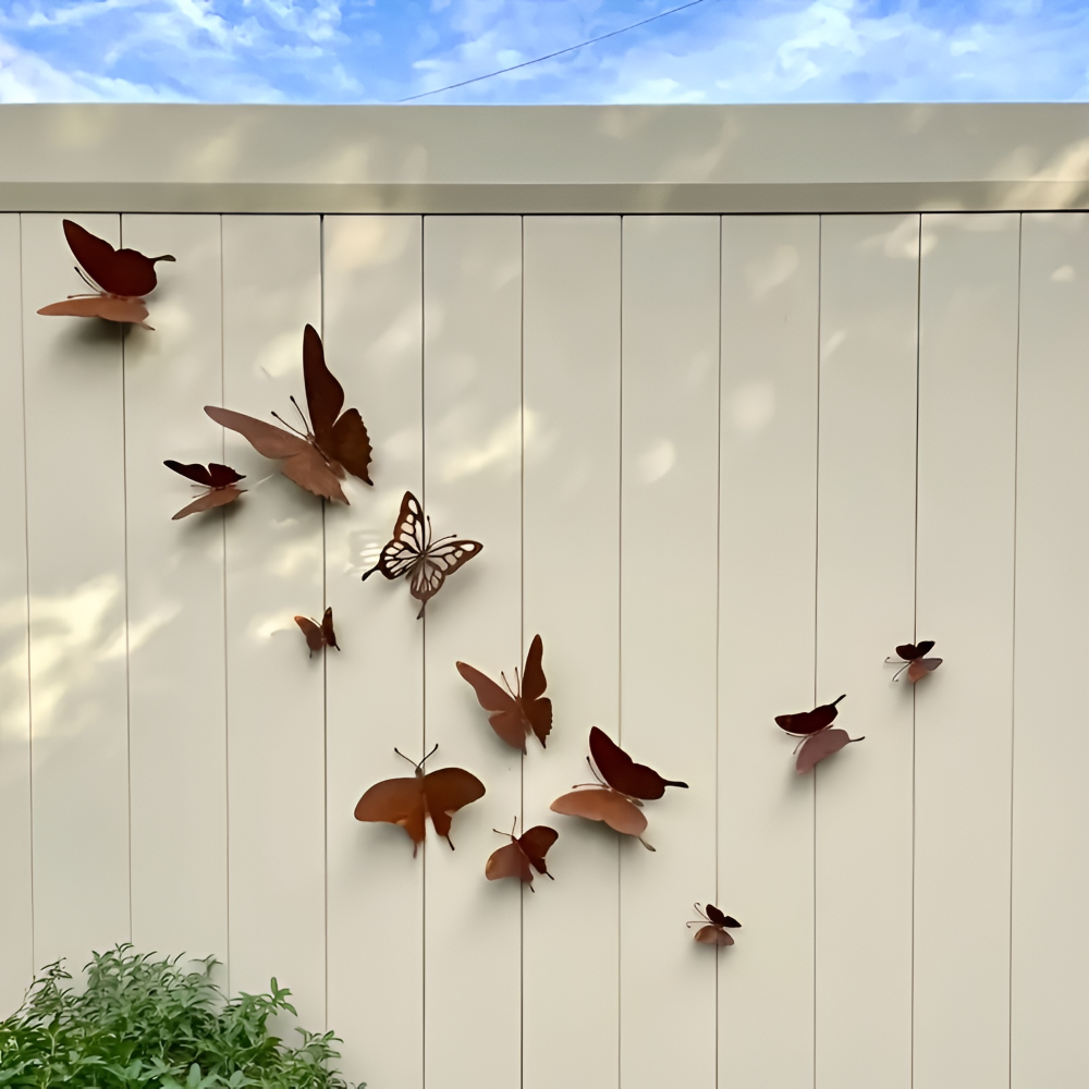 Schmetterling Wanddekoration aus Metall (12 Stk.) – Rost-Optik Gartenfigur für Zaun & Wand