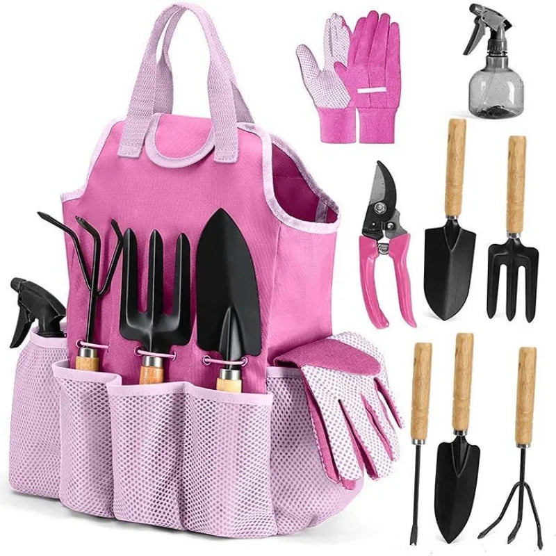 Gartenwerkzeug Set 9-teilig – Garten Handwerkzeug mit Tasche, Handschuhen & Sprühflasche für Pflanzenpflege