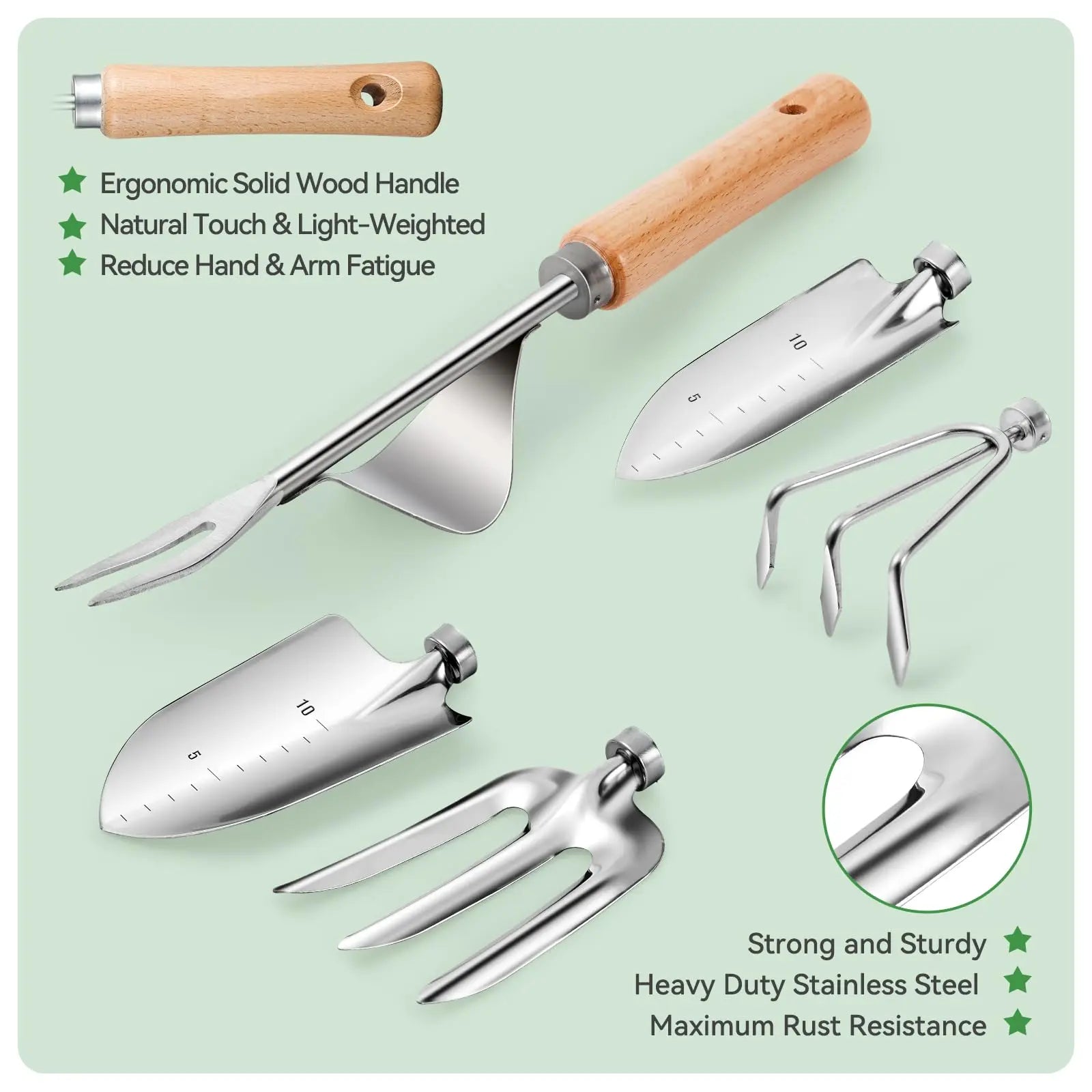 Gartenwerkzeug Set 9-teilig – Edelstahl Handwerkzeug mit Holzgriff, Tasche, Handschuhen & Sprühflasche für Gartenarbeit
