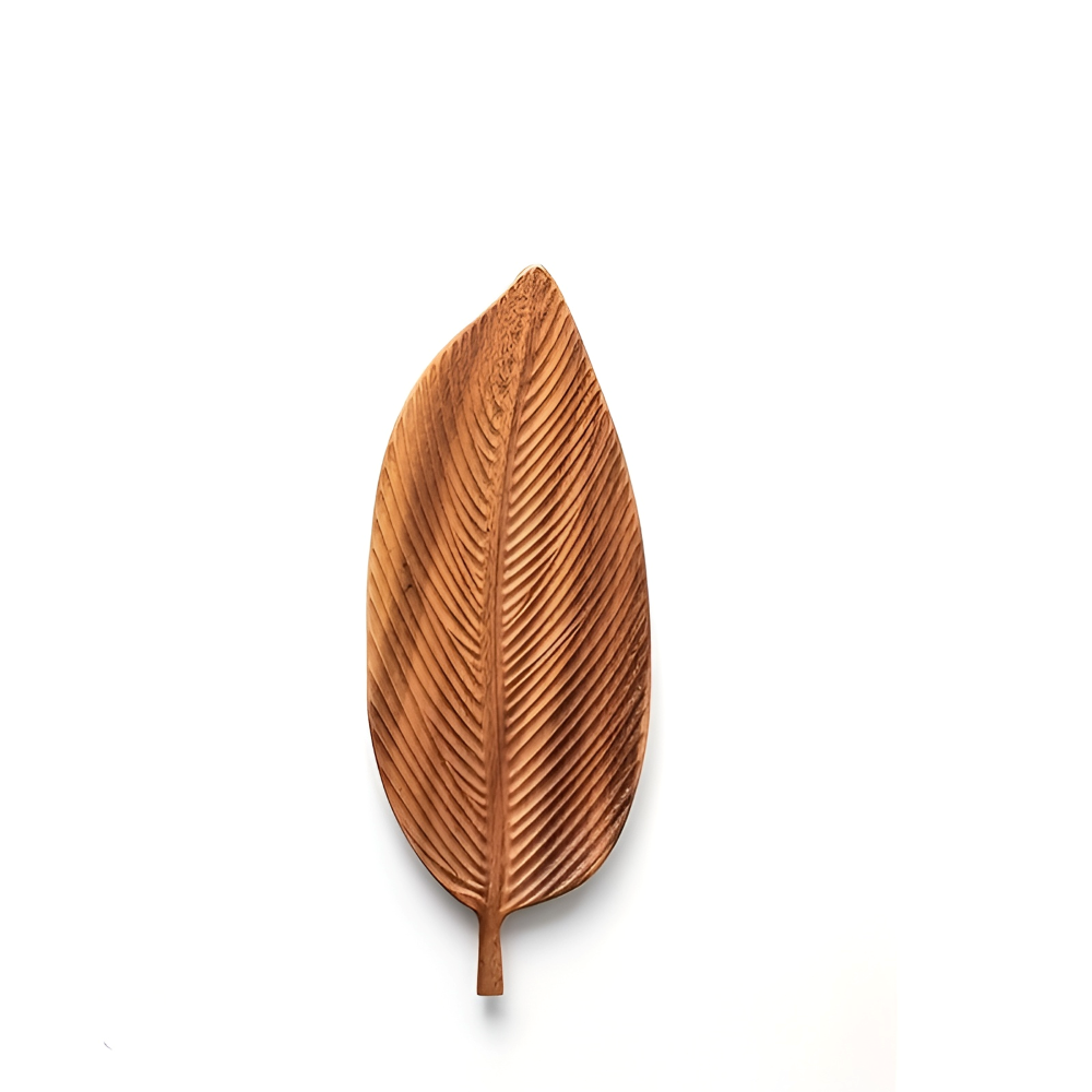 Serviertablett aus Akazienholz in Blattform mit Griff – Holzplatte für Obst & Sushi