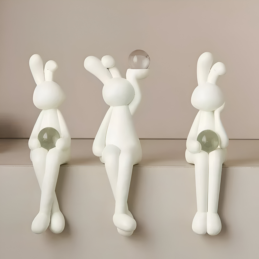 Glänzend Weißer Osterhase - Harz Hase Figur mit Kristallkugel für Osterdeko