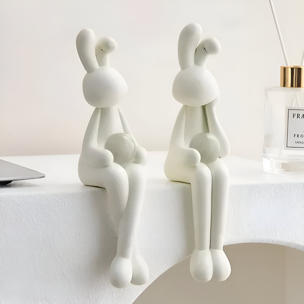 Glänzend Weißer Osterhase - Harz Hase Figur mit Kristallkugel für Osterdeko