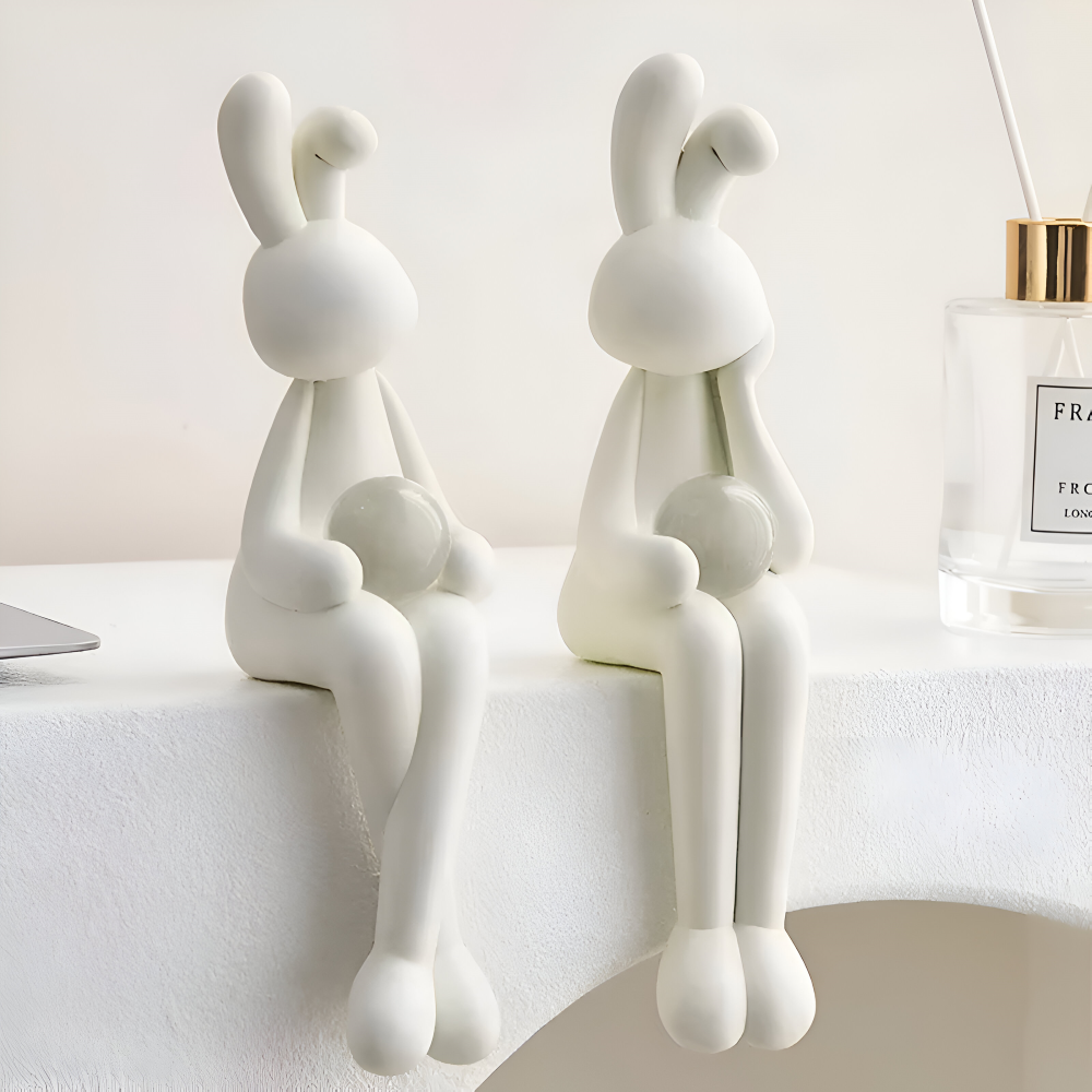 Glänzend Weißer Osterhase - Harz Hase Figur mit Kristallkugel für Osterdeko