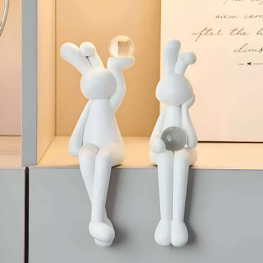 Glänzend Weißer Osterhase - Harz Hase Figur mit Kristallkugel für Osterdeko