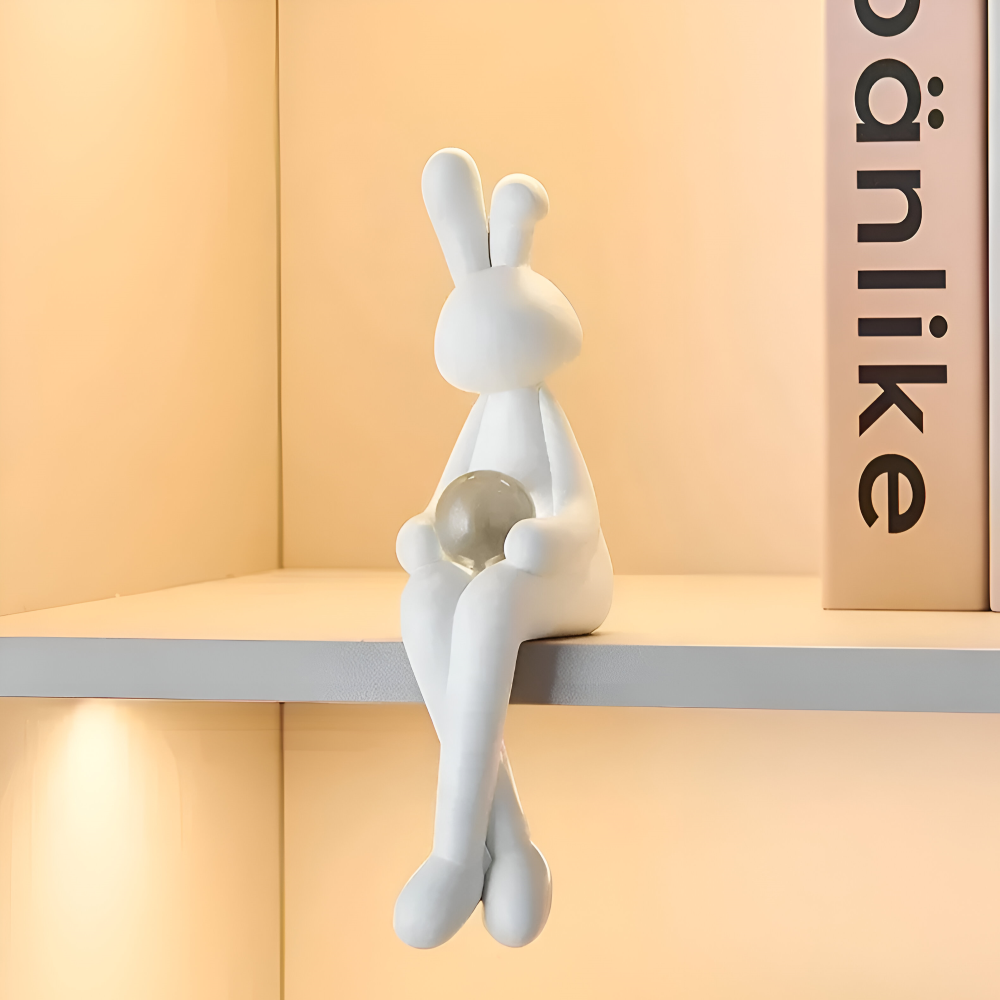 Glänzend Weißer Osterhase - Harz Hase Figur mit Kristallkugel für Osterdeko