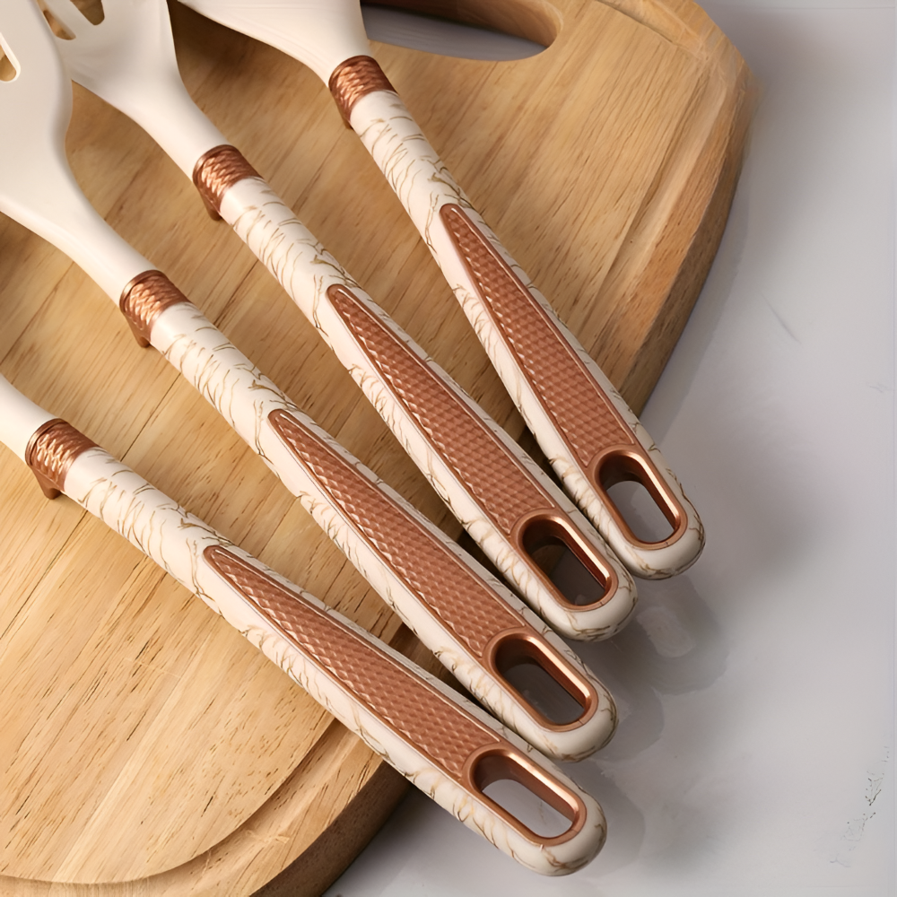 12-tlg. Silikon Küchenutensilien Set – Hitzebeständiges Kochbesteck & Aufbewahrungseimer, Antihaft