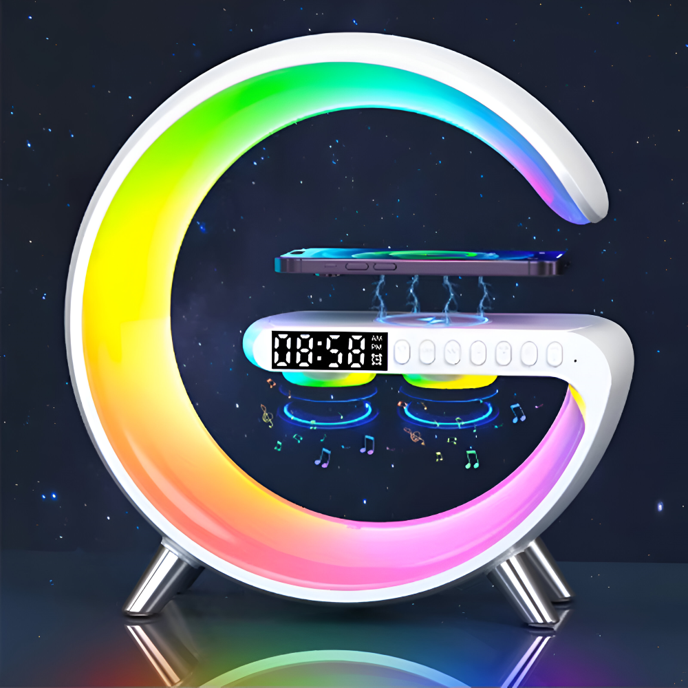 SmartiShine - Stylisches G-förmiges Nachtlicht - Multifunktionale Kabellose Ladestation mit Uhr