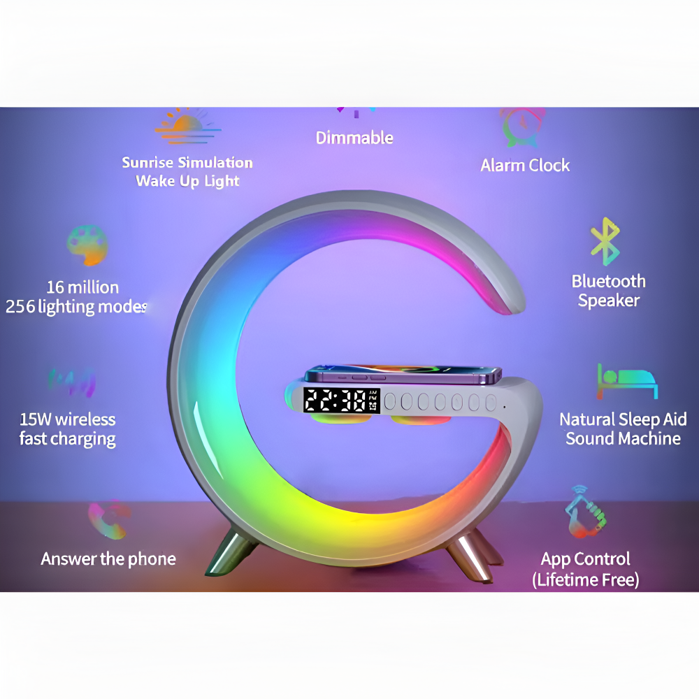 SmartiShine - Stylisches G-förmiges Nachtlicht - Multifunktionale Kabellose Ladestation mit Uhr