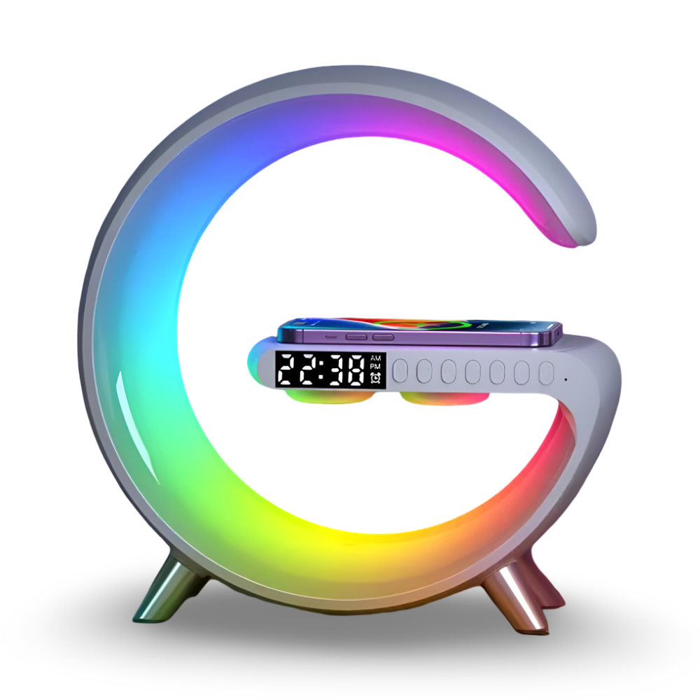SmartiShine - Stylisches G-förmiges Nachtlicht - Multifunktionale Kabellose Ladestation mit Uhr