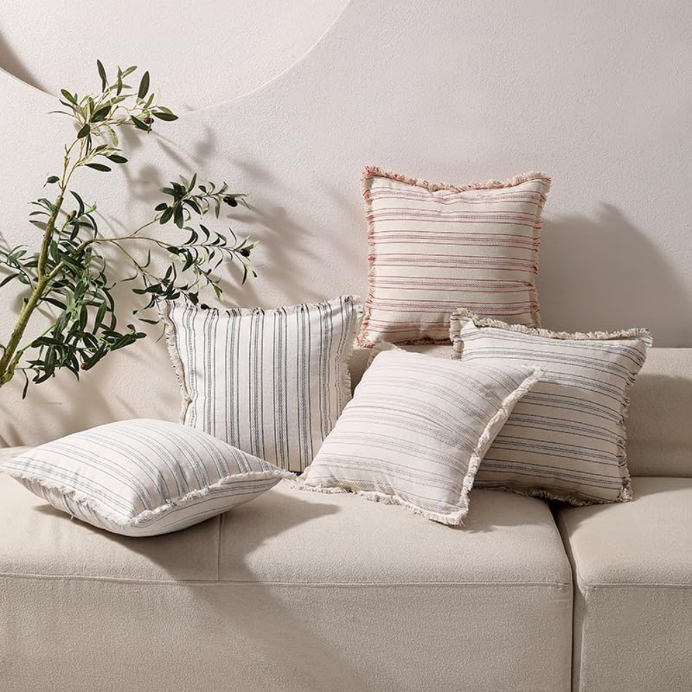 Skandinavischer Kissenbezug mit Fransen – Jacquard Dekokissenbezug im Streifendesign für Sofa, Bett & Wohnzimmer