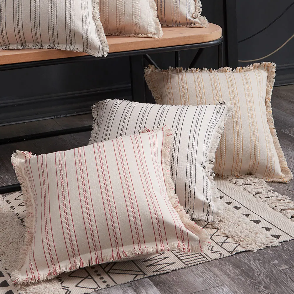 Skandinavischer Kissenbezug mit Fransen – Jacquard Dekokissenbezug im Streifendesign für Sofa, Bett & Wohnzimmer