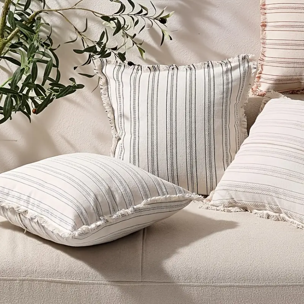 Skandinavischer Kissenbezug mit Fransen – Jacquard Dekokissenbezug im Streifendesign für Sofa, Bett & Wohnzimmer