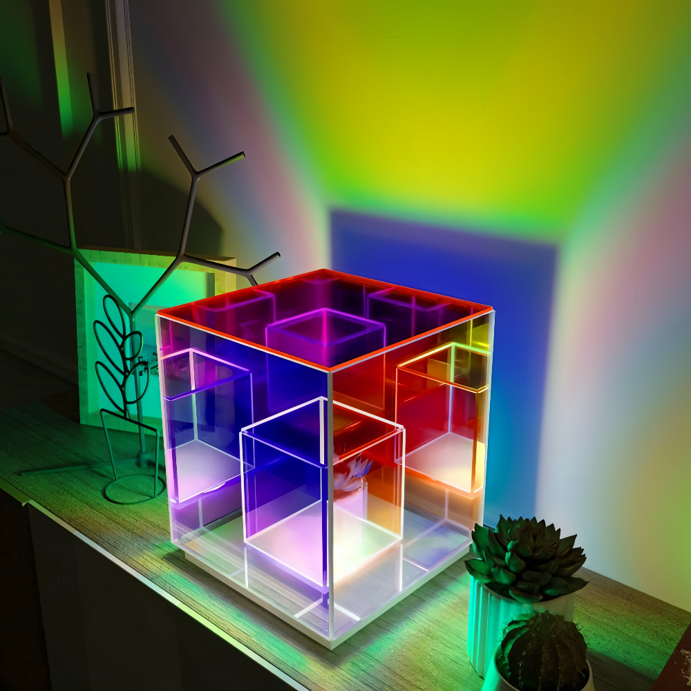 Spectra-Cube Tischlampe - Regenbogen Acryl LED Lampe mit Faszinierender 3D Illusion