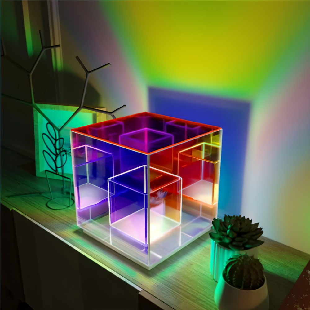 Spectra-Cube Tischlampe - Regenbogen Acryl LED Lampe mit Faszinierender 3D Illusion