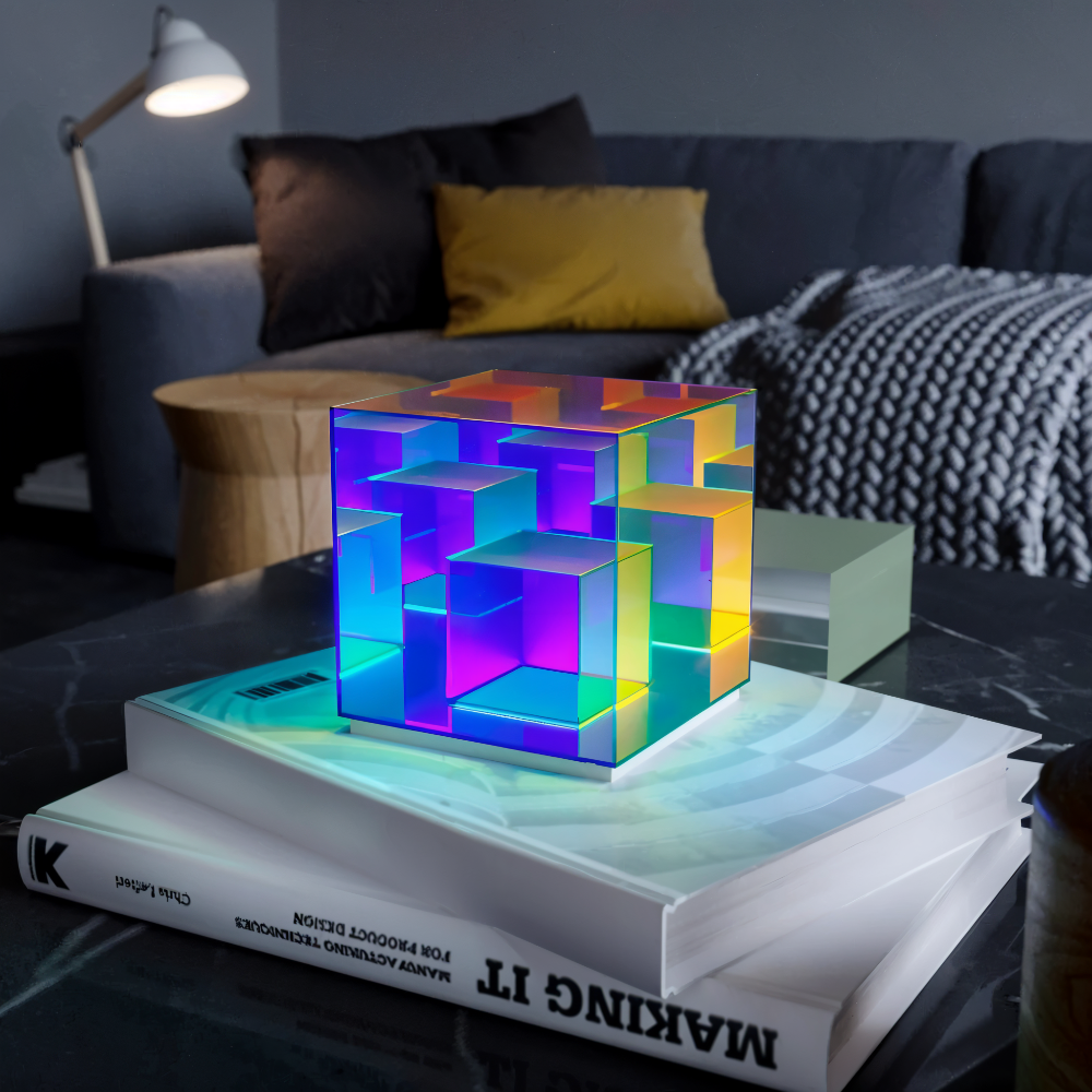 Spectra-Cube Tischlampe - Regenbogen Acryl LED Lampe mit Faszinierender 3D Illusion