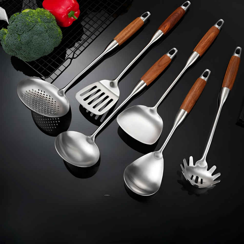Küchenhelfer-Set Edelstahl Silber 6-teilig - Kochbesteck mit Holzgriff - Inkl. Pfannenwender, Suppenkelle & Nudelheber