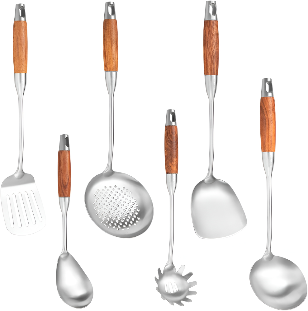 Küchenhelfer-Set Edelstahl Silber 6-teilig - Kochbesteck mit Holzgriff - Inkl. Pfannenwender, Suppenkelle & Nudelheber