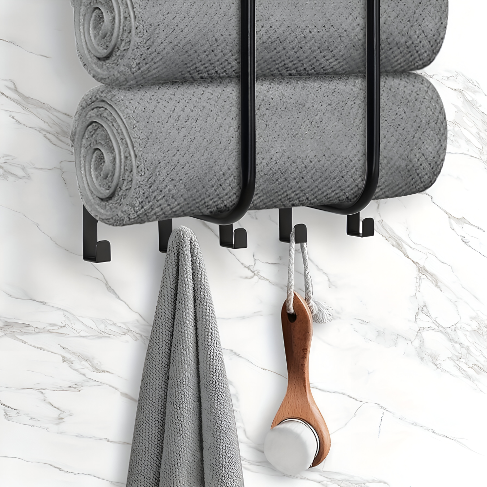 Stilvoller Schwarzer Metall-Handtuchhalter - Wandmontierter Handtuchorganizer mit Ablage und Haken