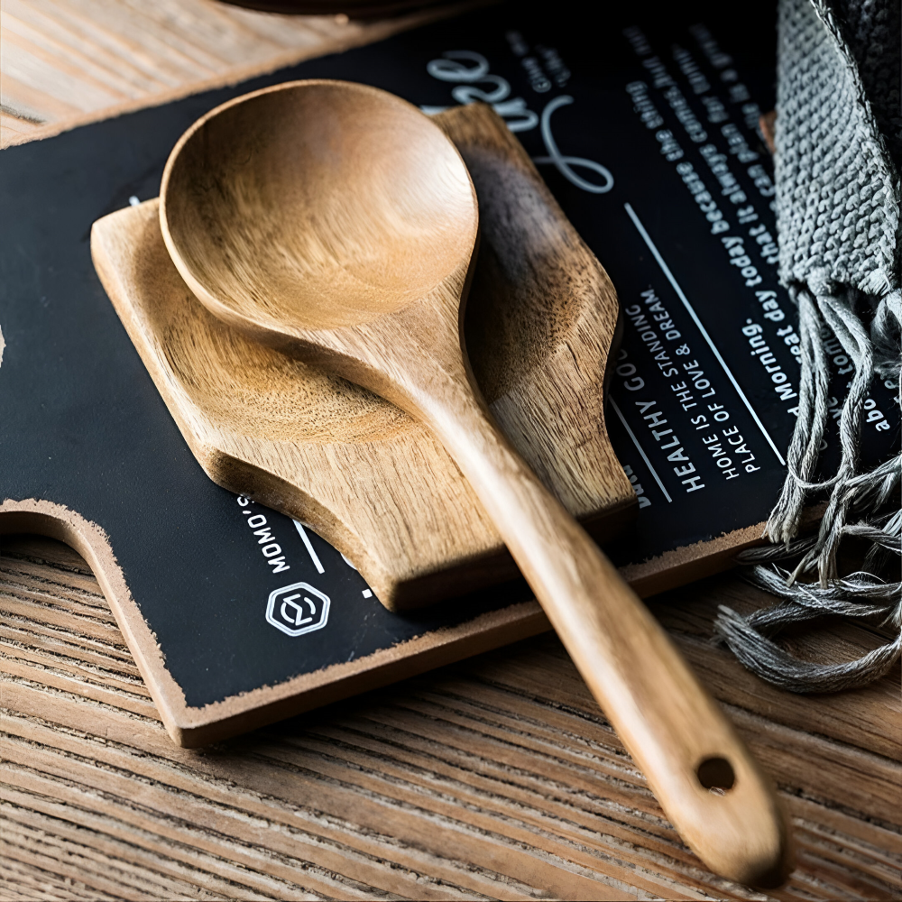 Teakholz Küchenhelfer Set - 9-tlg. mit Halter & Löffelablage – Kochlöffel & Pfannenwender