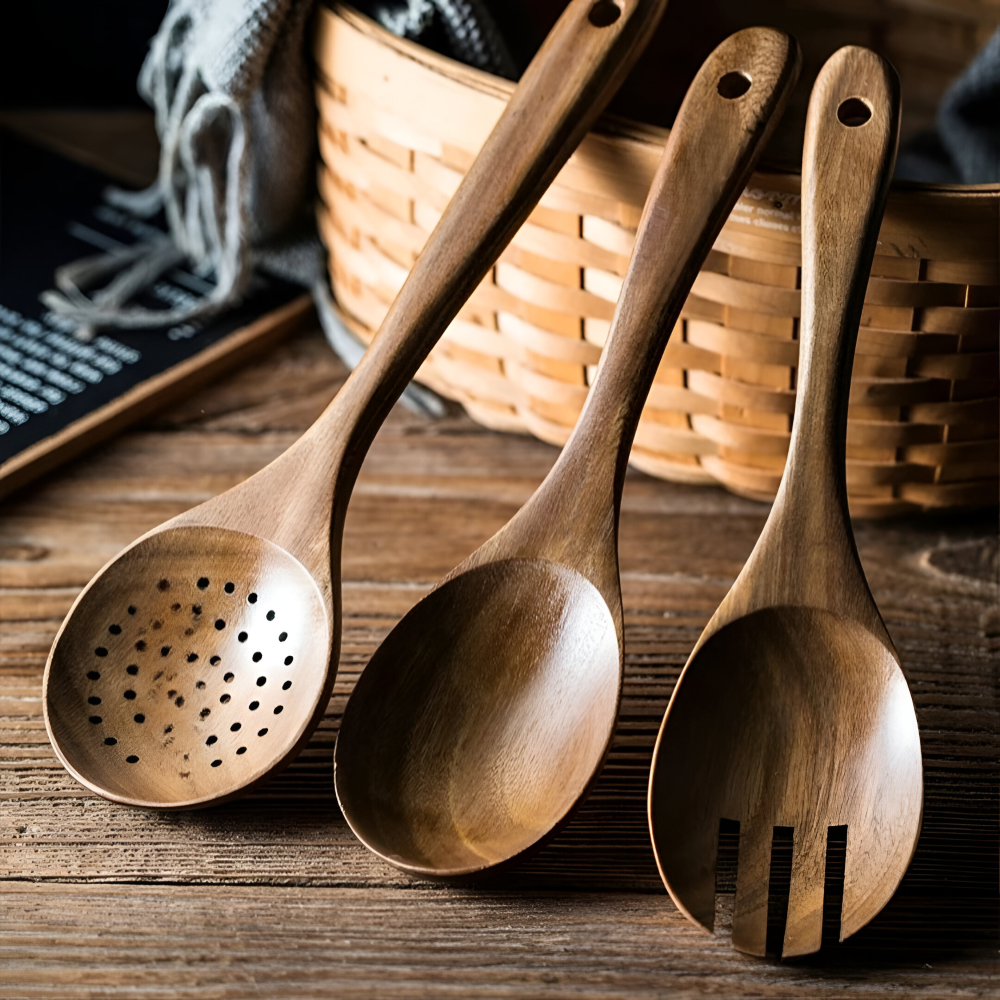 Teakholz Küchenhelfer Set - 9-tlg. mit Halter & Löffelablage – Kochlöffel & Pfannenwender
