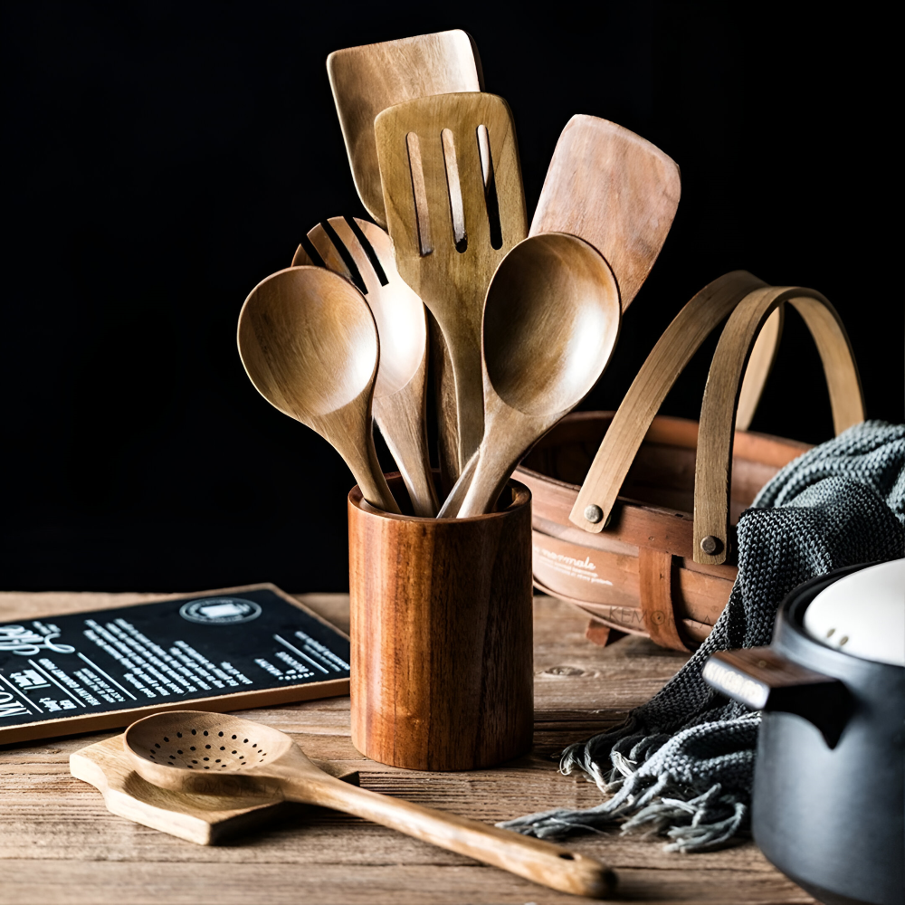 Teakholz Küchenhelfer Set - 9-tlg. mit Halter & Löffelablage – Kochlöffel & Pfannenwender