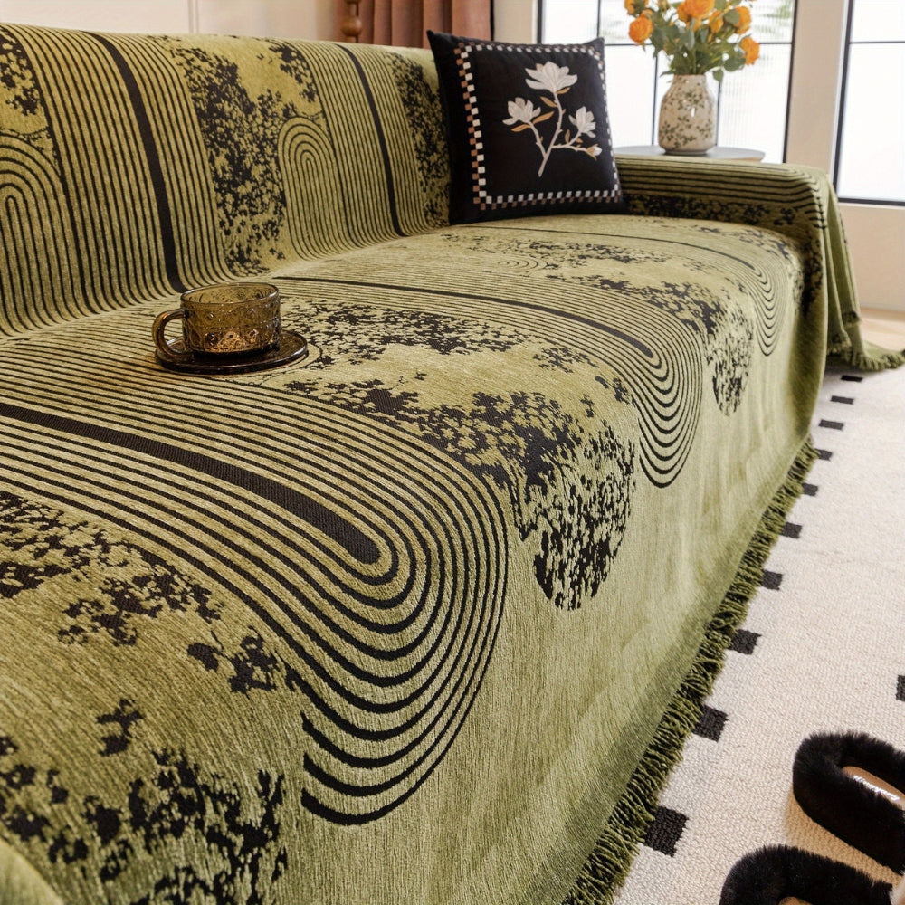 Chenille Sofabezug Rutschfest – Couchdecke mit Fransen & Abstraktem Muster für Sofa, Couch & Wohnzimmer