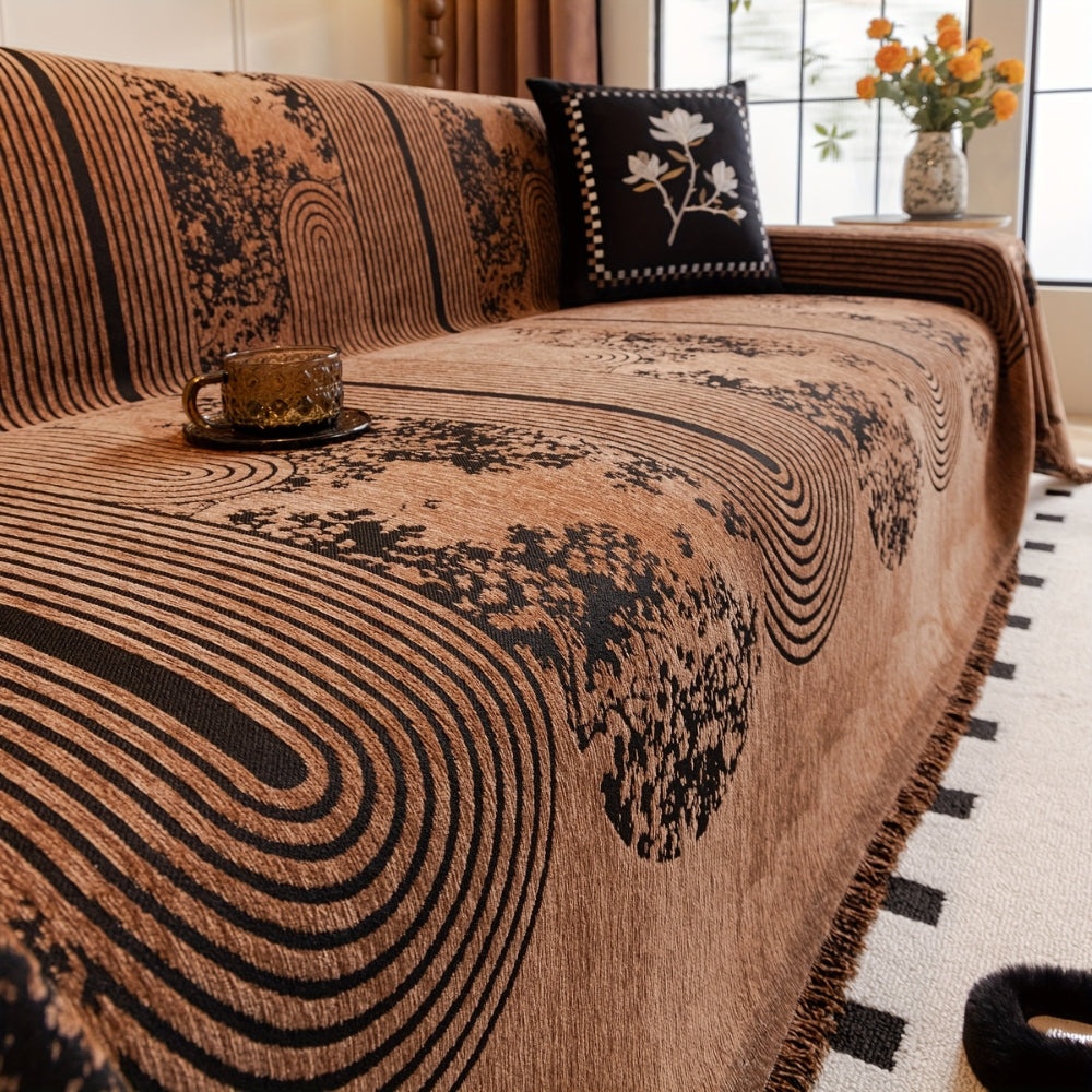 Chenille Sofabezug Rutschfest – Couchdecke mit Fransen & Abstraktem Muster für Sofa, Couch & Wohnzimmer