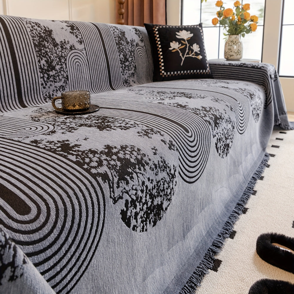 Chenille Sofabezug Rutschfest – Couchdecke mit Fransen & Abstraktem Muster für Sofa, Couch & Wohnzimmer