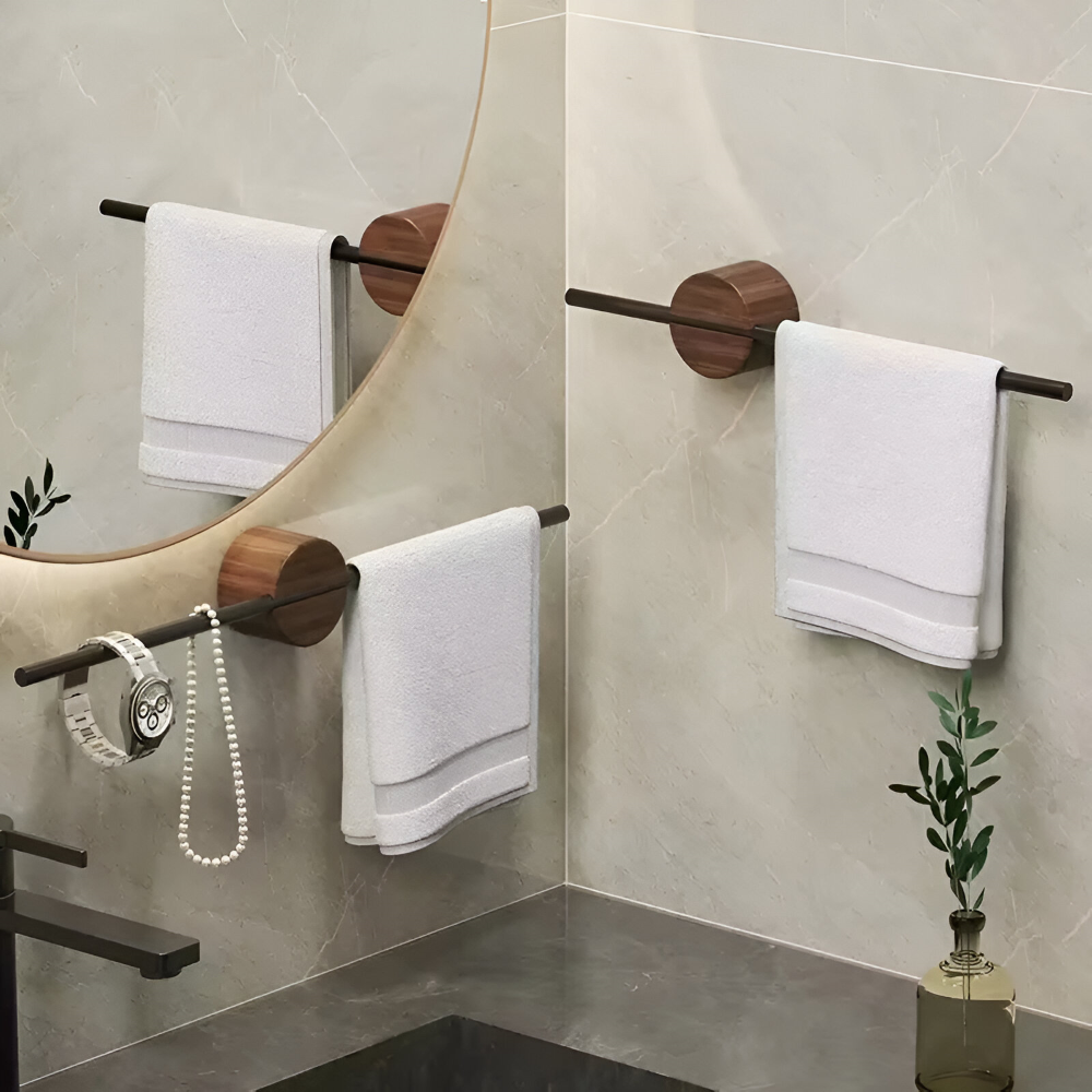 Handtuchhalter Holz Walnuss & Aluminium - Bad & Küche - 40/50 cm Wandmontage