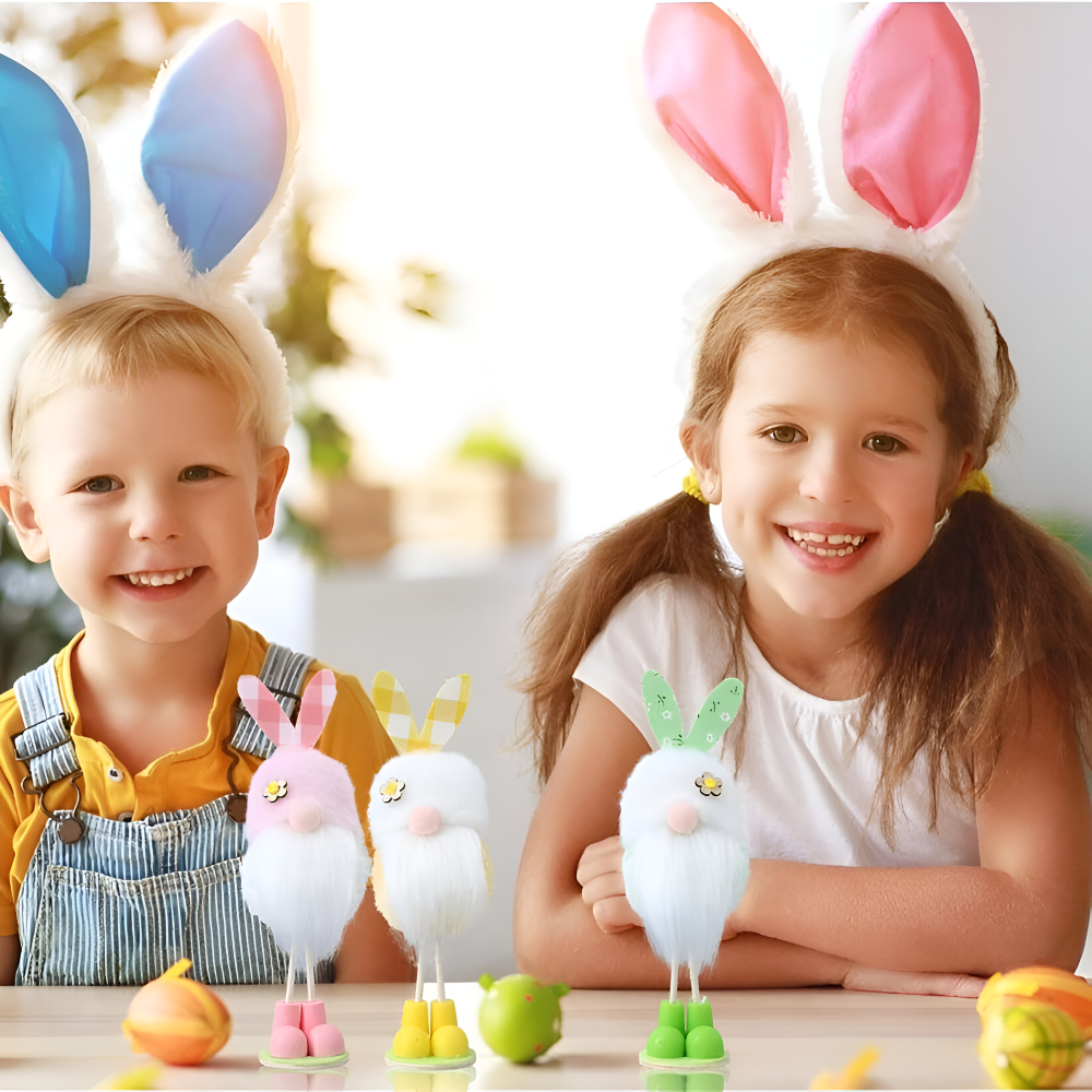 TriElf - Drei Osterzwerge mit Hasenohren - Bunter stehender Wichtel für Osterdeko