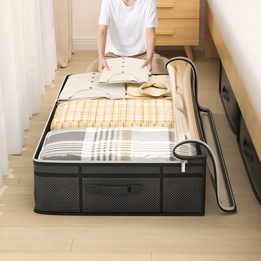 Unterbett-Aufbewahrungsbox mit Transparentem Deckel - Stofftasche für Kleidung & Bettwäsche, Grau, Größe M