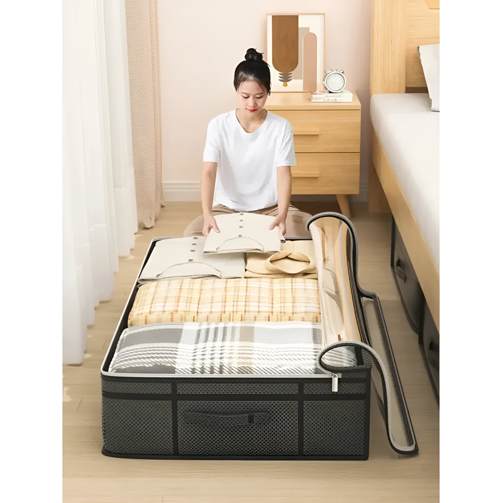 Unterbett-Aufbewahrungsbox mit Transparentem Deckel - Stofftasche für Kleidung & Bettwäsche, Grau, Größe M