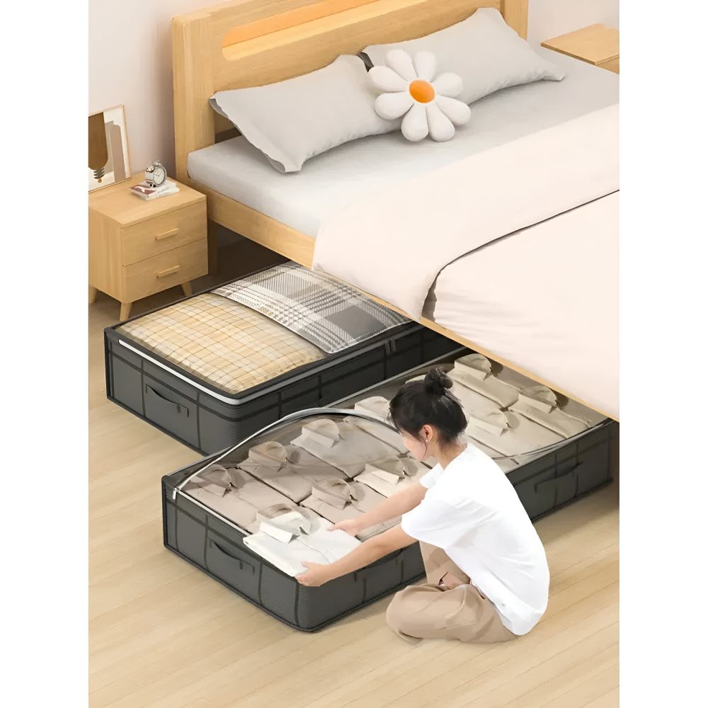Unterbett-Aufbewahrungsbox mit Transparentem Deckel - Stofftasche für Kleidung & Bettwäsche, Grau, Größe M