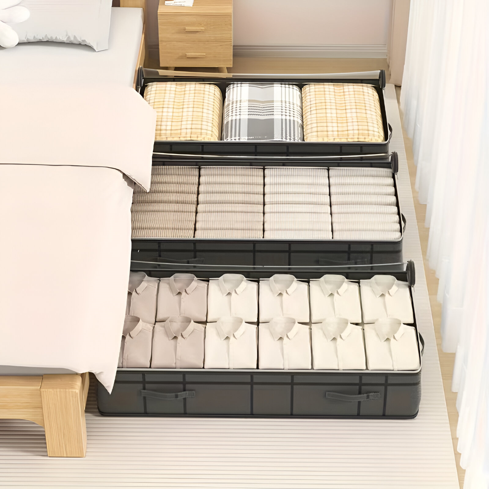 Unterbett-Aufbewahrungsbox mit Transparentem Deckel - Stofftasche für Kleidung & Bettwäsche, Grau, Größe M