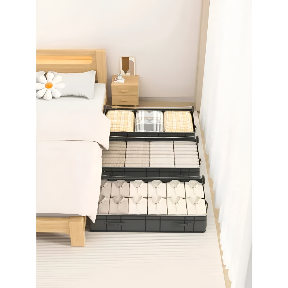 Unterbett-Aufbewahrungsbox mit Transparentem Deckel - Stofftasche für Kleidung & Bettwäsche, Grau, Größe M