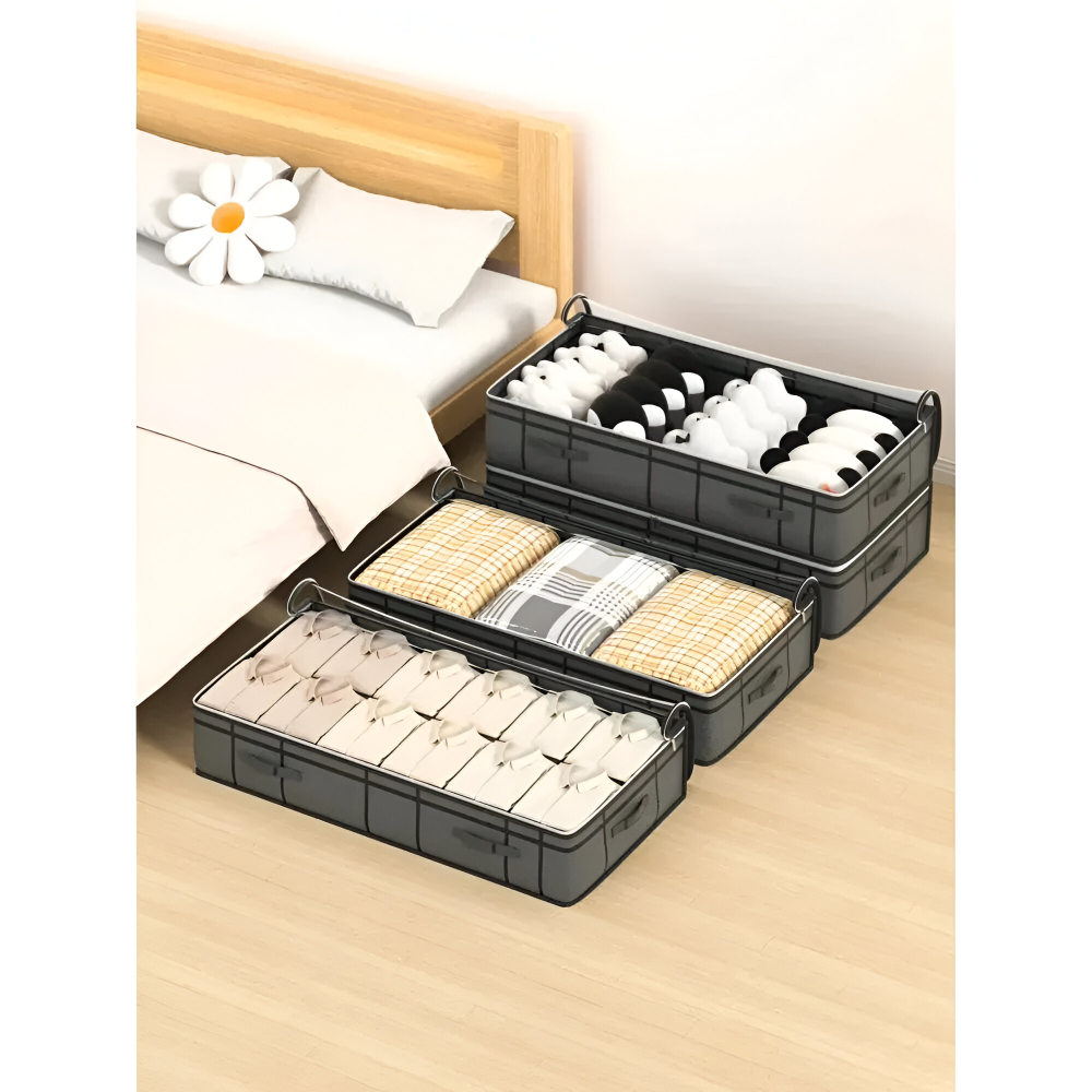 Unterbett-Aufbewahrungsbox mit Transparentem Deckel - Stofftasche für Kleidung & Bettwäsche, Grau, Größe M