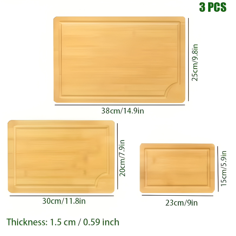Vielseitiges Bambus Schneidebrett-Set - 3-teiliges Set für Fleisch, Gemüse und Obst