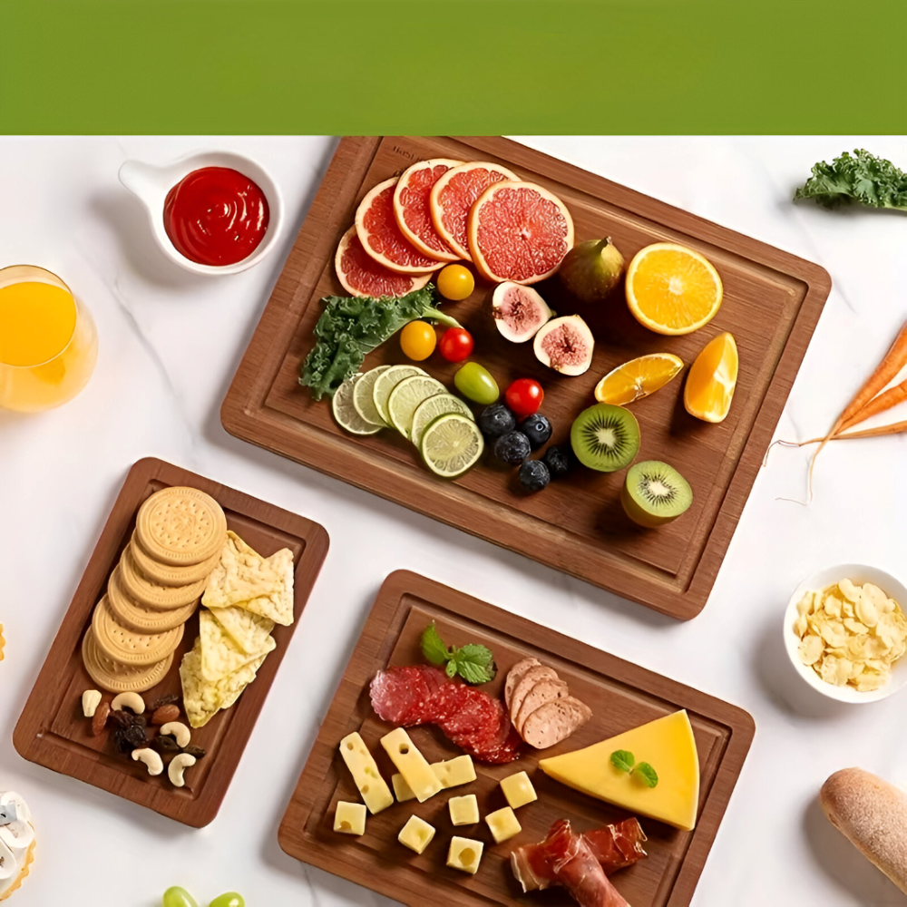 Vielseitiges Bambus Schneidebrett-Set - 3-teiliges Set für Fleisch, Gemüse und Obst