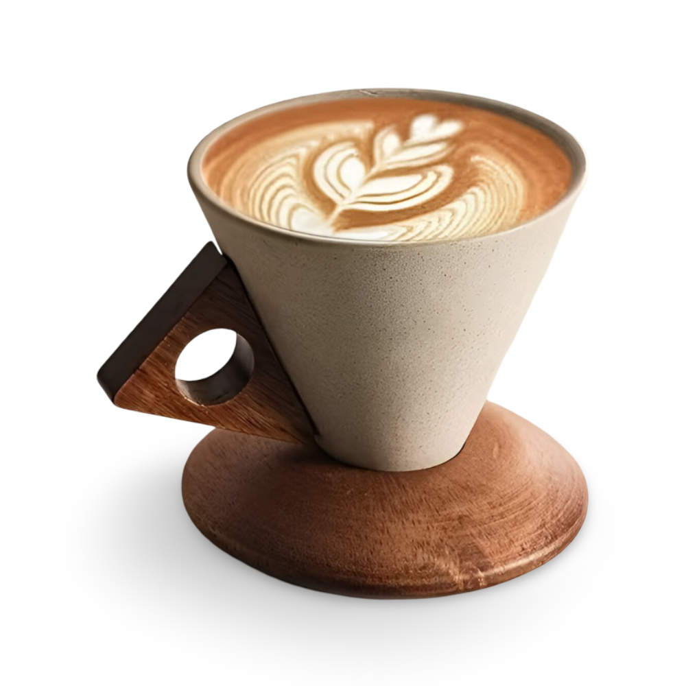 Vintage Keramik Kaffeetassen Set mit Holzgriff – 200ml  Espresso Tassen & Untertassen, Kegelform, Retro Design