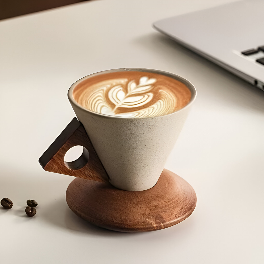 Vintage Keramik Kaffeetassen Set mit Holzgriff – 200ml  Espresso Tassen & Untertassen, Kegelform, Retro Design