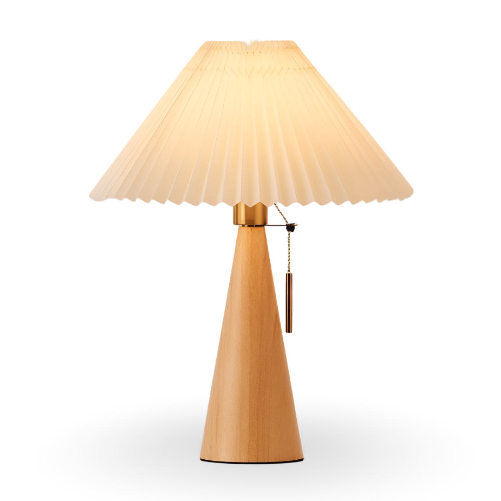 Vintage Tischlampe - Plissierte Tischlampe mit Holzsockel