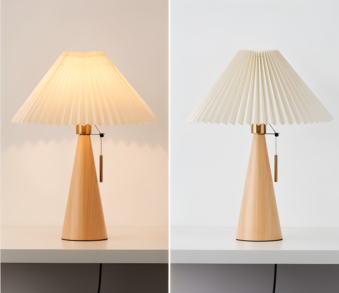 Vintage Tischlampe - Plissierte Tischlampe mit Holzsockel