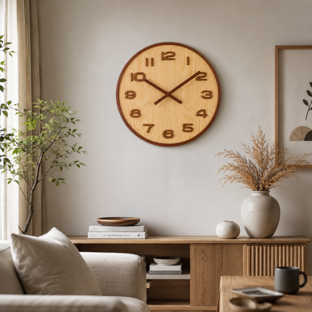 Wandklok Holzoptik Rund – Minimalistische Wanduhr im Walnuss Design für Wohnzimmer, Küche & Büro